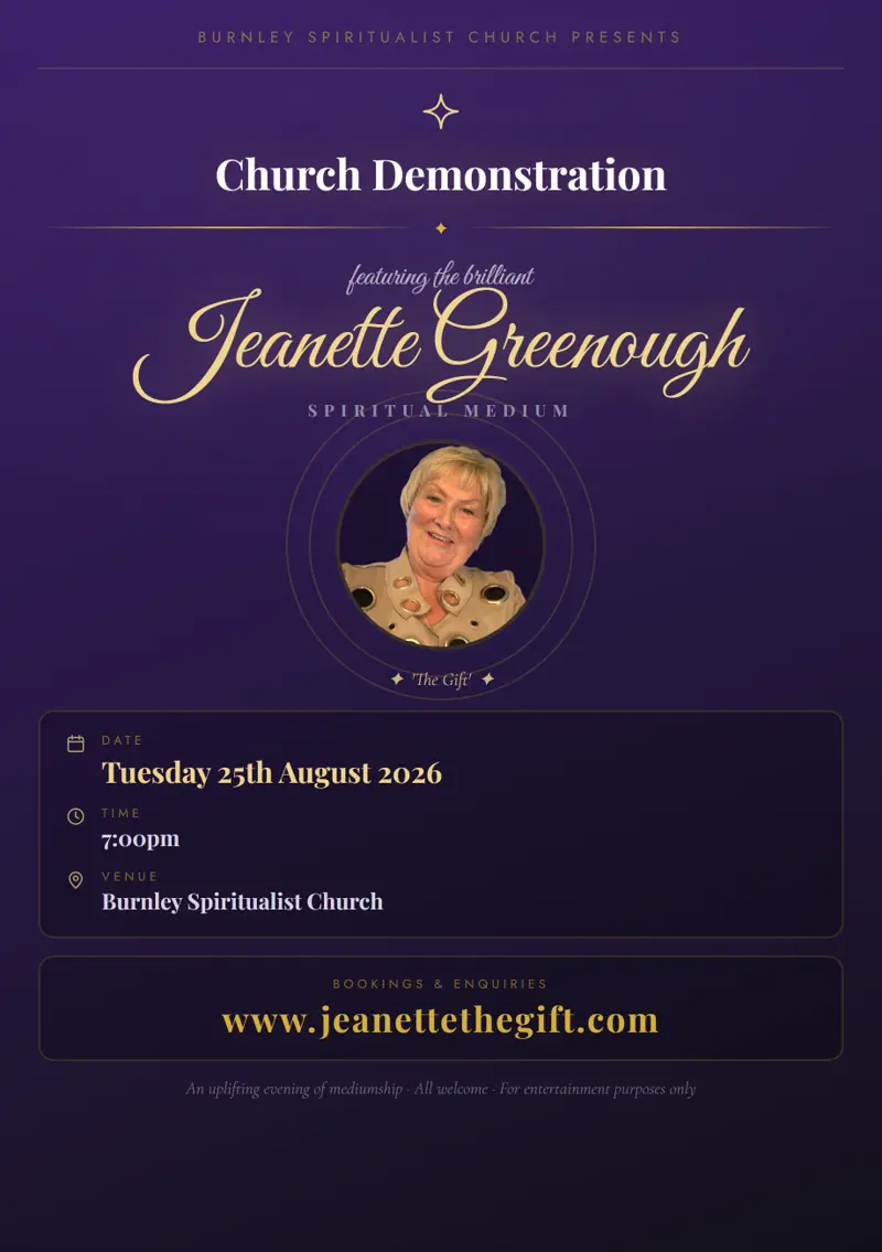 Event poster: Church Demonstration, 25 August 2026, Burnley Spiritualist Church