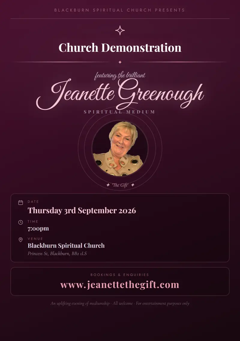 Event poster: Church Demonstration, 3 September 2026, Blackburn Spiritual Church