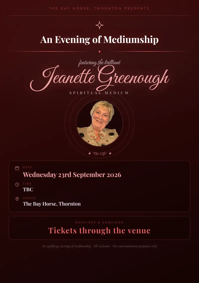 Event poster: An Evening of Mediumship, 23 September 2026, The Bay Horse, Thornton