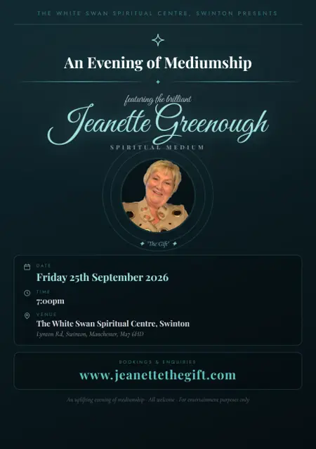 Event poster: An Evening of Mediumship, 25 September 2026, The White Swan Spiritual Centre, Swinton
