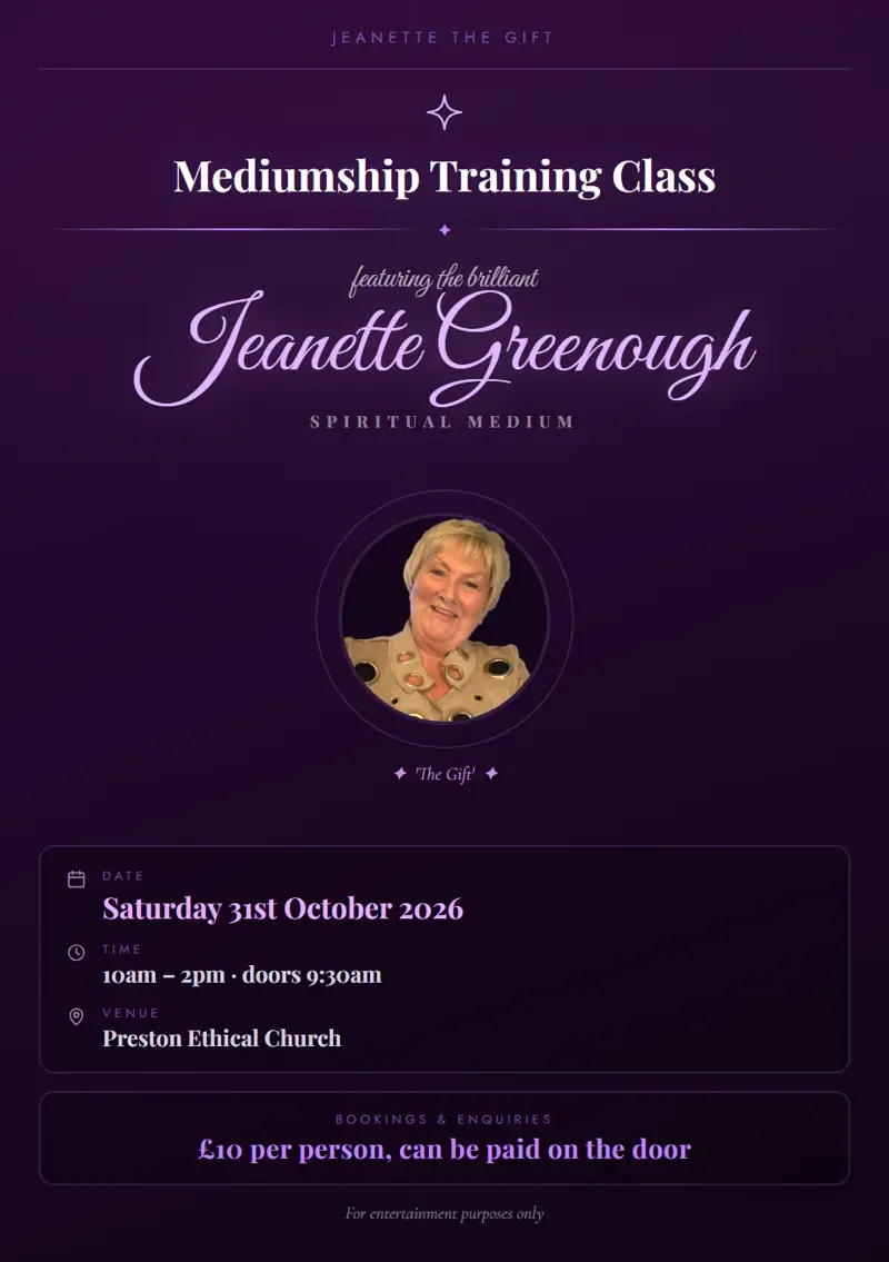 Event poster: Mediumship Training Class, 31 October 2026, Preston Ethical Church