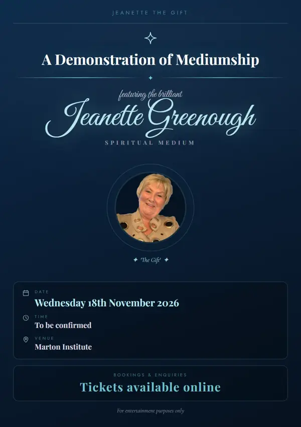 Event poster: A Demonstration of Mediumship, 18 November 2026, Marton Institute