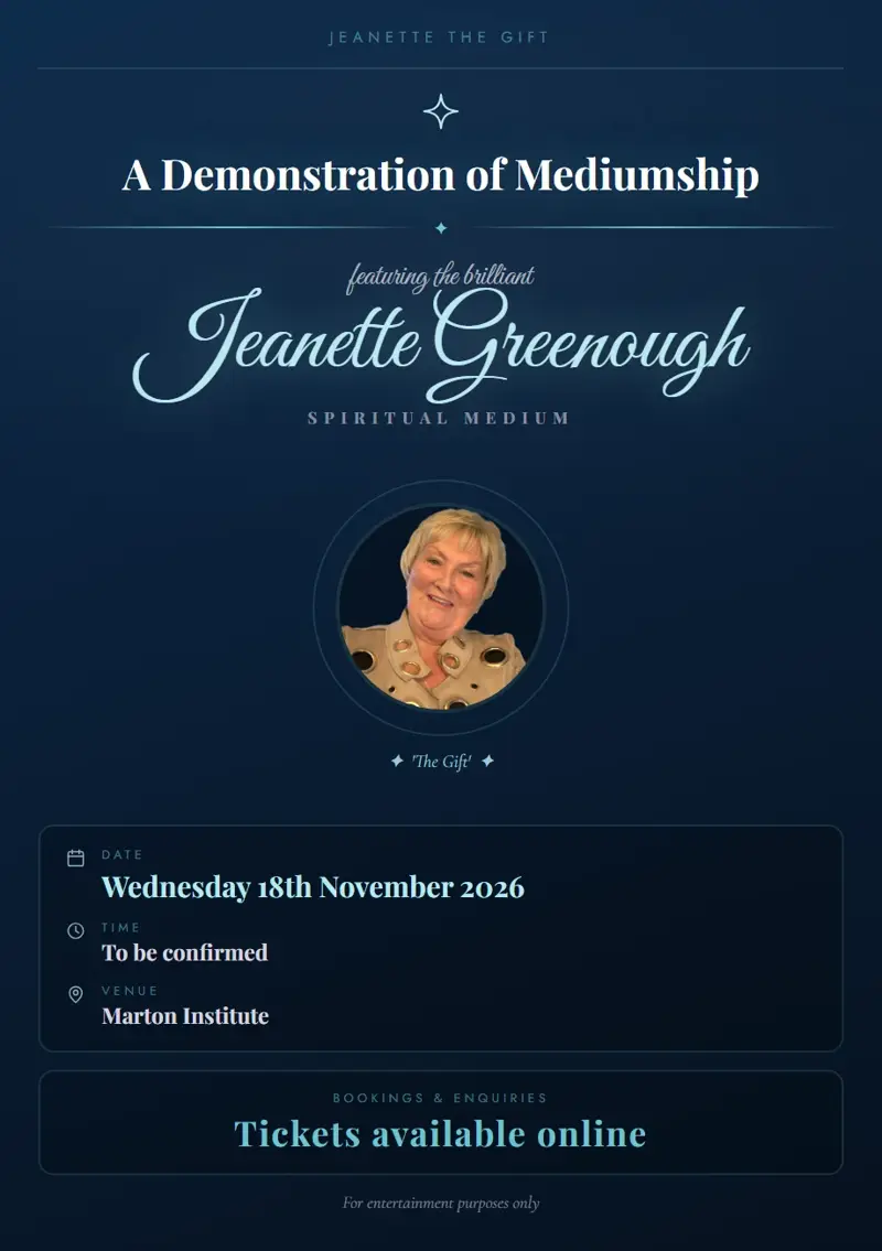 Event poster: A Demonstration of Mediumship, 18 November 2026, Marton Institute