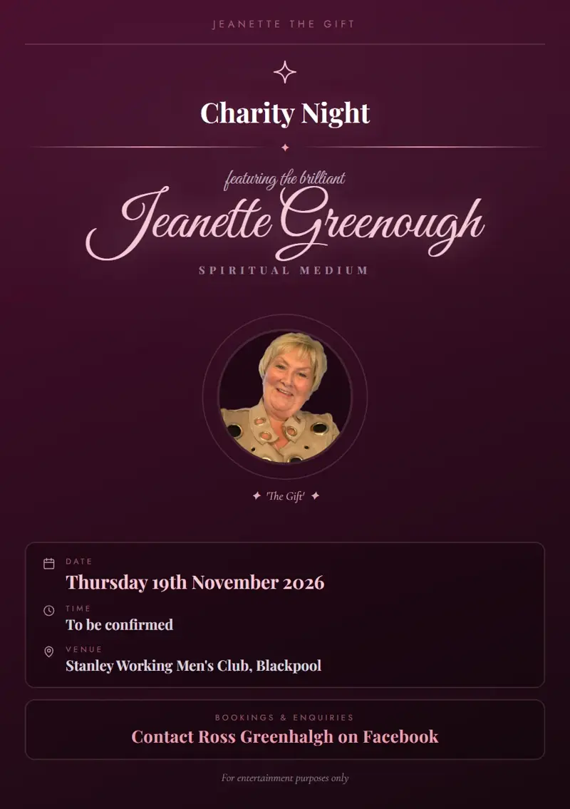 Event poster: Charity Night, 19 November 2026, Stanley Working Men's Club, Blackpool