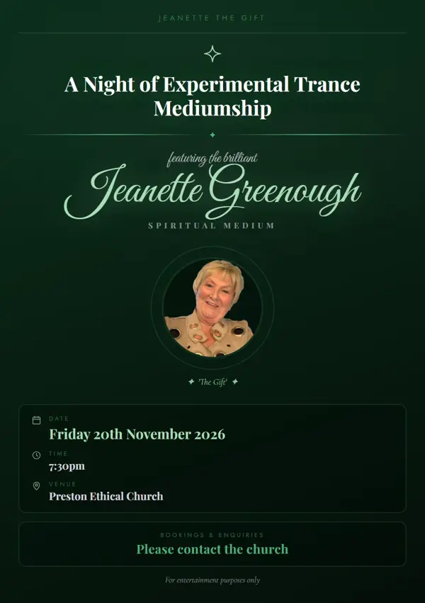 Event poster: A Night of Experimental Trance Mediumship, 20 November 2026, Preston Ethical Church