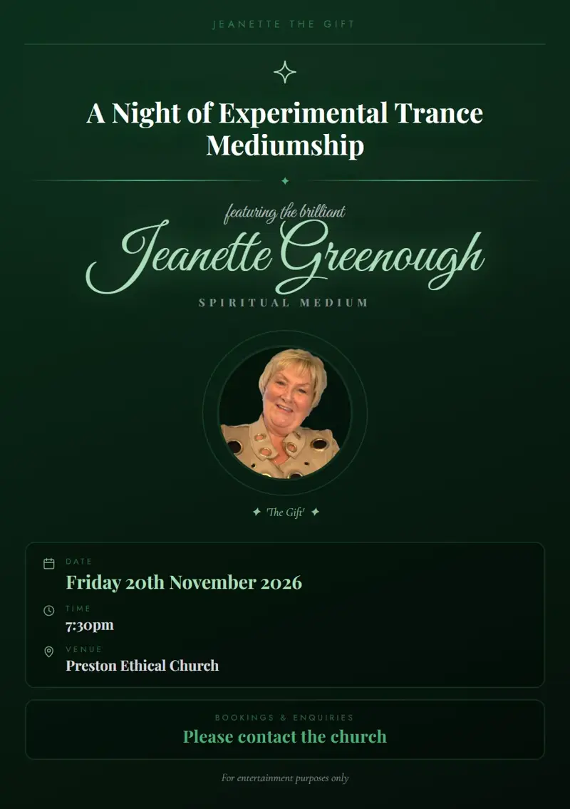 Event poster: A Night of Experimental Trance Mediumship, 20 November 2026, Preston Ethical Church