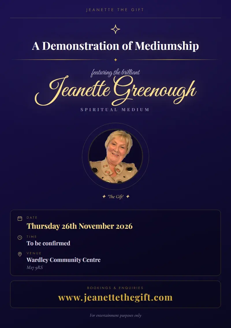 Event poster: A Demonstration of Mediumship, 26 November 2026, Wardley Community Centre
