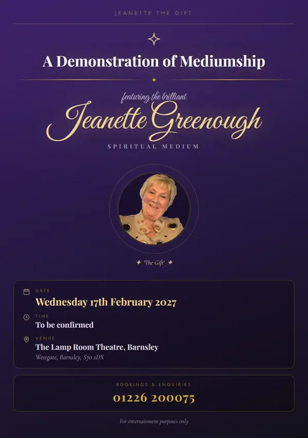 Event poster: A Demonstration of Mediumship, 17 February 2027, The Lamp Room Theatre, Barnsley