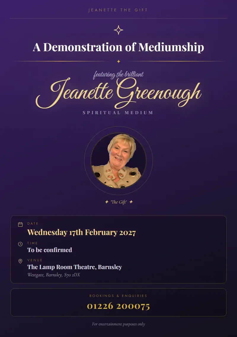 Event poster: A Demonstration of Mediumship, 17 February 2027, The Lamp Room Theatre, Barnsley