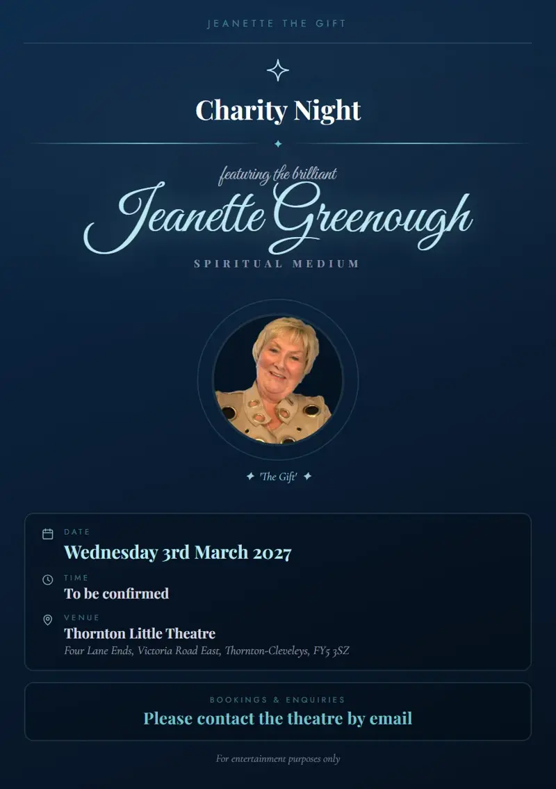 Event poster: Charity Night, 3 March 2027, Thornton Little Theatre