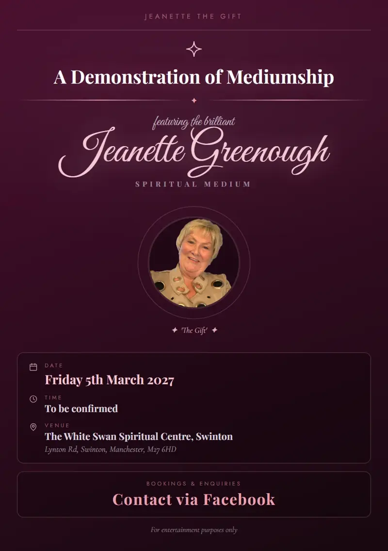 Event poster: A Demonstration of Mediumship, 5 March 2027, The White Swan Spiritual Centre, Swinton