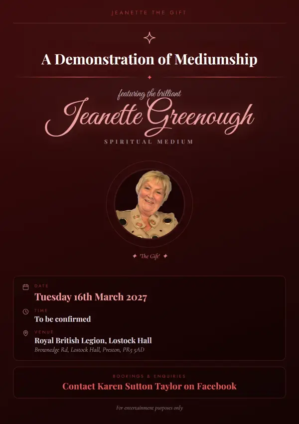 Event poster: A Demonstration of Mediumship, 16 March 2027, Royal British Legion, Lostock Hall