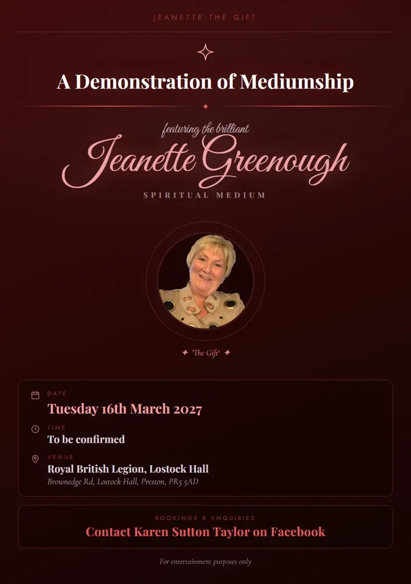 Event poster: A Demonstration of Mediumship, 16 March 2027, Royal British Legion, Lostock Hall