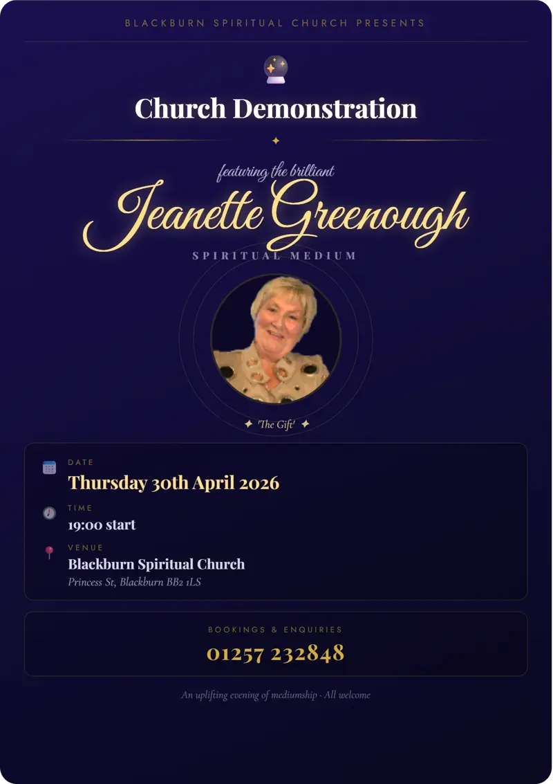 Event poster: Church Demonstration, 30 April 2026, Blackburn Spiritual Church