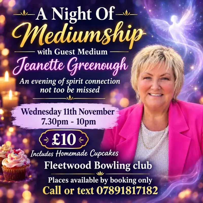 Event poster: A Night of Mediumship, 11 November 2026, Fleetwood Bowling Club